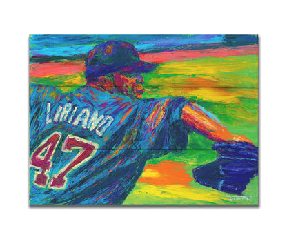 A painting of Minnesota Twins pitcher Francisco Liriano about to throw the ball, painted in a palette of bright, arbitrary colors. Printed on a box board.