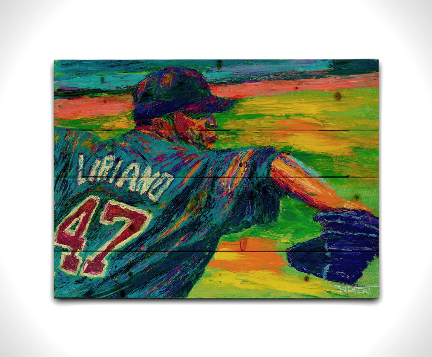 A painting of Minnesota Twins pitcher Francisco Liriano about to throw the ball, painted in a palette of bright, arbitrary colors. Printed on a wood pallet.