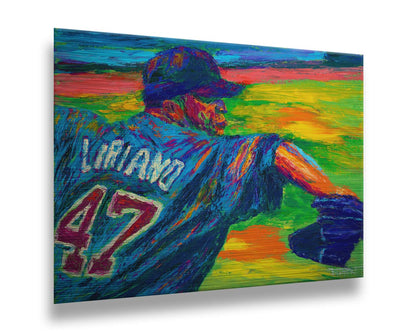 A painting of Minnesota Twins pitcher Francisco Liriano about to throw the ball, painted in a palette of bright, arbitrary colors. Printed on metal.