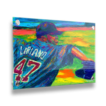 A painting of Minnesota Twins pitcher Francisco Liriano about to throw the ball, painted in a palette of bright, arbitrary colors. Printed on acrylic.