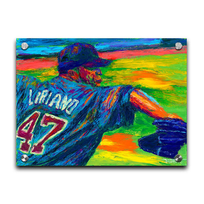 A painting of Minnesota Twins pitcher Francisco Liriano about to throw the ball, painted in a palette of bright, arbitrary colors. Printed on acrylic.