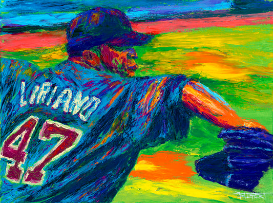 A painting of Minnesota Twins pitcher Francisco Liriano about to throw the ball, painted in a palette of bright, arbitrary colors.