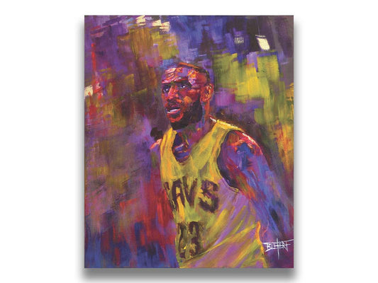 A painting of LeBron James in his Cleveland Cavaliers number 23 jersey, painted in a palette of yellows, purples, and reds. Printed on canvas.