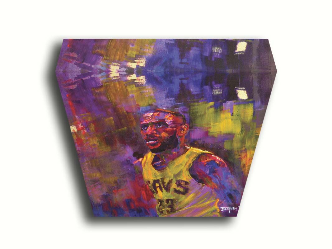 A painting of LeBron James in his Cleveland Cavaliers number 23 jersey, painted in a palette of yellows, purples, and reds. Printed on canvas.