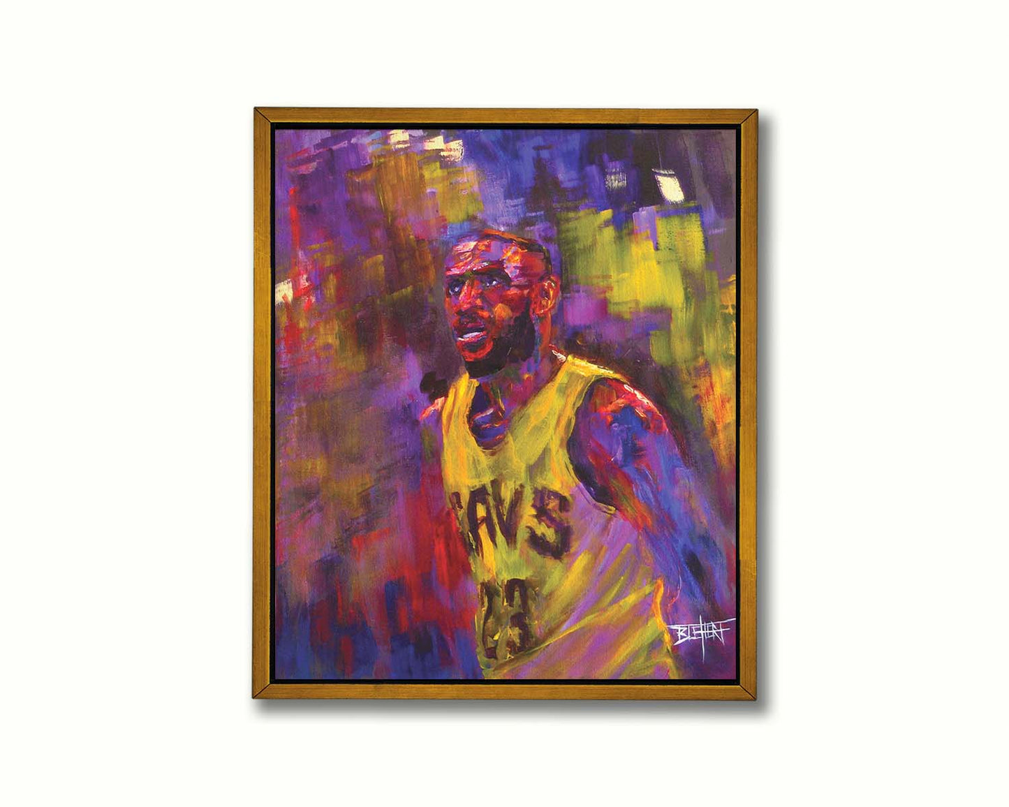 A painting of LeBron James in his Cleveland Cavaliers number 23 jersey, painted in a palette of yellows, purples, and reds. Printed on canvas in a float frame.