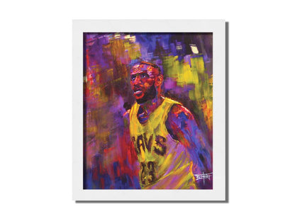 A painting of LeBron James in his Cleveland Cavaliers number 23 jersey, painted in a palette of yellows, purples, and reds. Printed on canvas and framed.