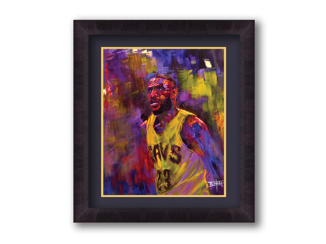 A painting of LeBron James in his Cleveland Cavaliers number 23 jersey, painted in a palette of yellows, purples, and reds. Printed on paper, matted, and framed.