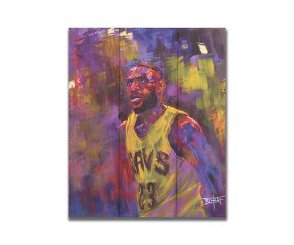 A painting of LeBron James in his Cleveland Cavaliers number 23 jersey, painted in a palette of yellows, purples, and reds. Printed on a box board.