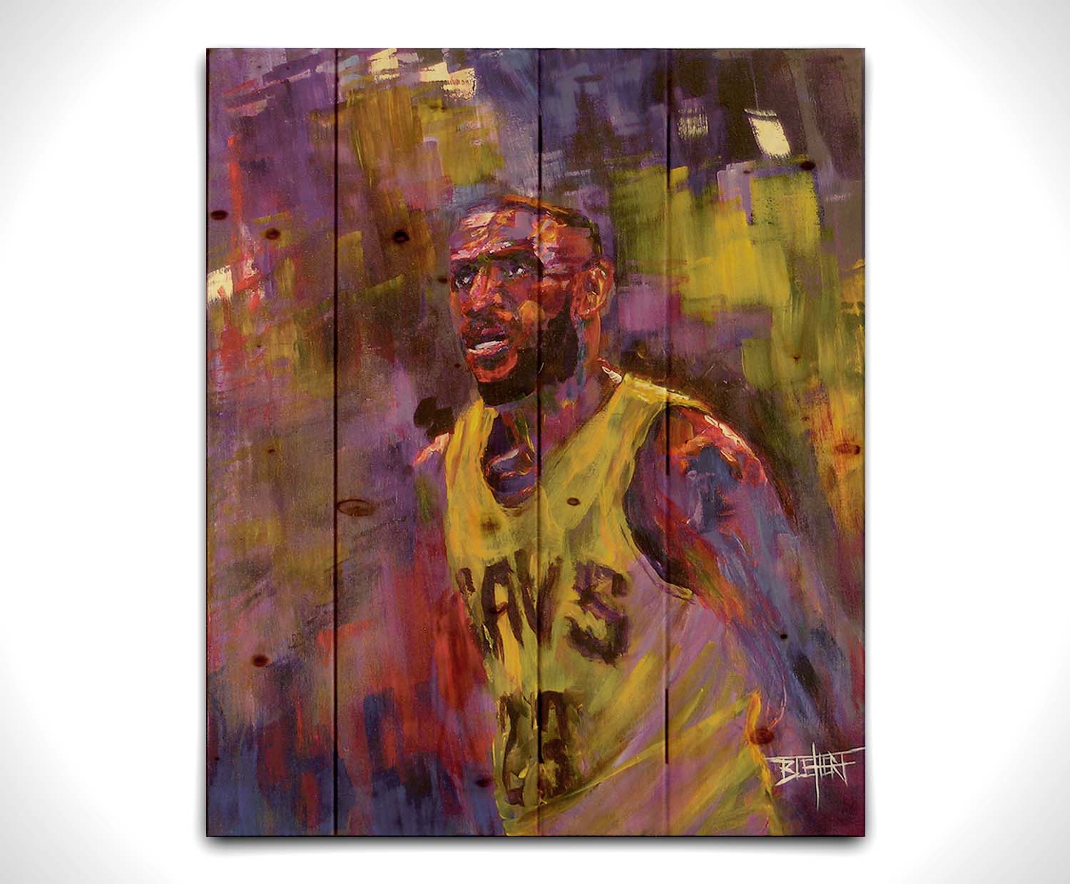 A painting of LeBron James in his Cleveland Cavaliers number 23 jersey, painted in a palette of yellows, purples, and reds. Printed on a wood pallet.