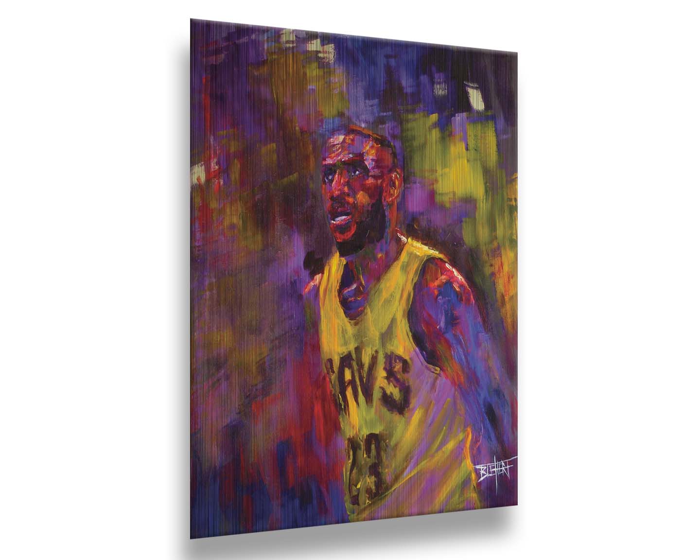 A painting of LeBron James in his Cleveland Cavaliers number 23 jersey, painted in a palette of yellows, purples, and reds. Printed on metal.