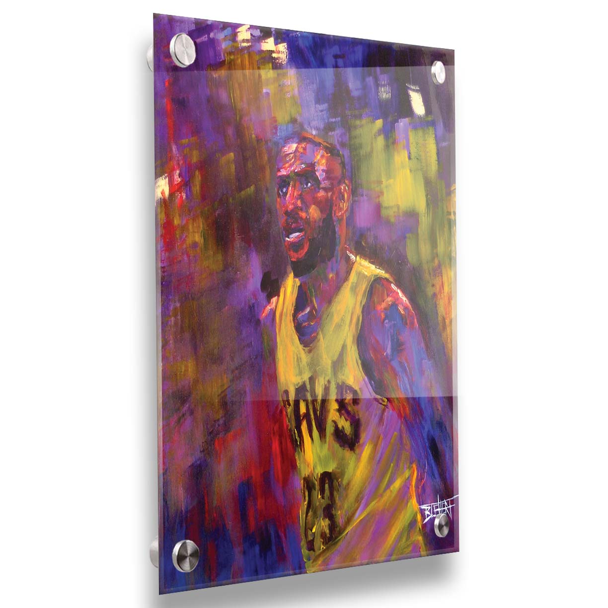 A painting of LeBron James in his Cleveland Cavaliers number 23 jersey, painted in a palette of yellows, purples, and reds. Printed on acrylic.