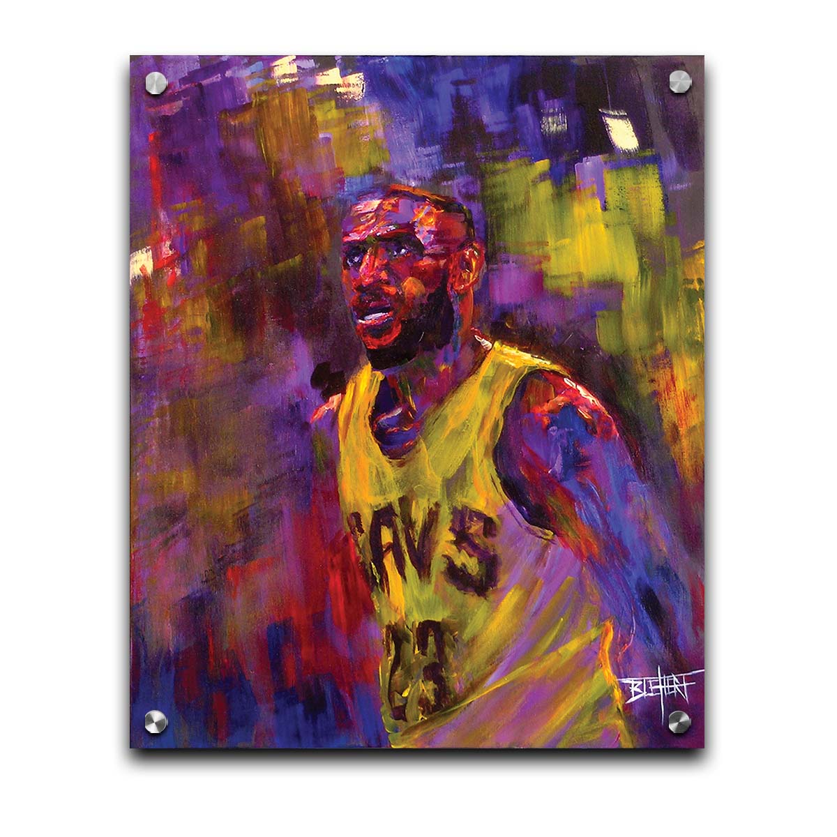 A painting of LeBron James in his Cleveland Cavaliers number 23 jersey, painted in a palette of yellows, purples, and reds. Printed on acrylic.