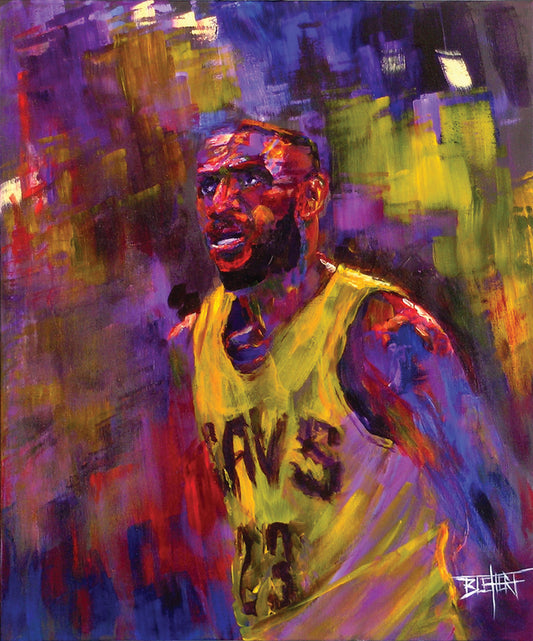 A painting of LeBron James in his Cleveland Cavaliers number 23 jersey, painted in a palette of yellows, purples, and reds.