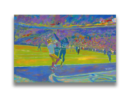 A painting of Richard Sherman of the Seattle Seahawks intercepting a throw to Michael Crabtree of the San Francisco 49ers in the end zone. This heroic moment in the 2013 NFC Championship Game is portrayed in a cool green and blue palette, reminiscent of the Seattle Seahawks team colors. Printed on canvas.