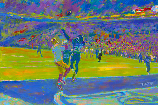 A painting of Richard Sherman of the Seattle Seahawks intercepting a throw to Michael Crabtree of the San Francisco 49ers in the end zone. This heroic moment in the 2013 NFC Championship Game is portrayed in a cool green and blue palette, reminiscent of the Seattle Seahawks team colors.