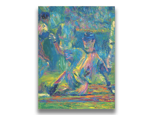 A painting of Minnesota Twins player Joe Mauer sliding onto base. Printed on canvas.