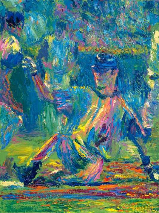 A painting of Minnesota Twins player Joe Mauer sliding onto base. 