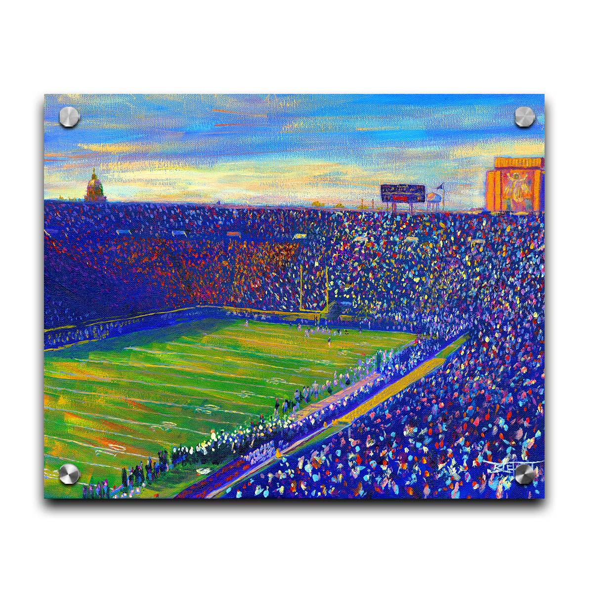 A painting of the Notre Dame Stadium in Notre Dame, Indiana. The stands are full as the crowd excitedly watches the football game. Printed on acrylic.