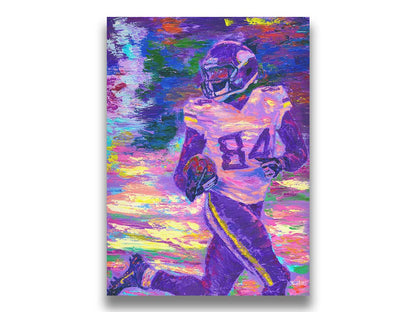 A painting of Minnesota Vikings football player Randy Moss, running down the field with the football. Printed on canvas.