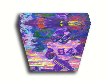 A painting of Minnesota Vikings football player Randy Moss, running down the field with the football. Printed on canvas.