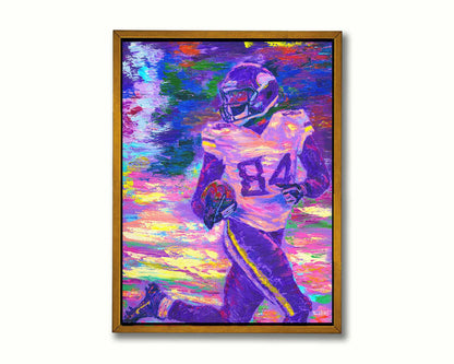 A painting of Minnesota Vikings football player Randy Moss, running down the field with the football. Printed on canvas in a float frame.