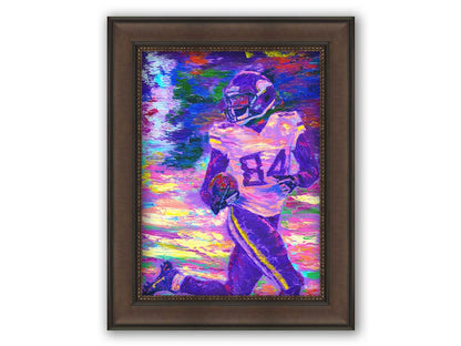 A painting of Minnesota Vikings football player Randy Moss, running down the field with the football. Printed on canvas and framed.