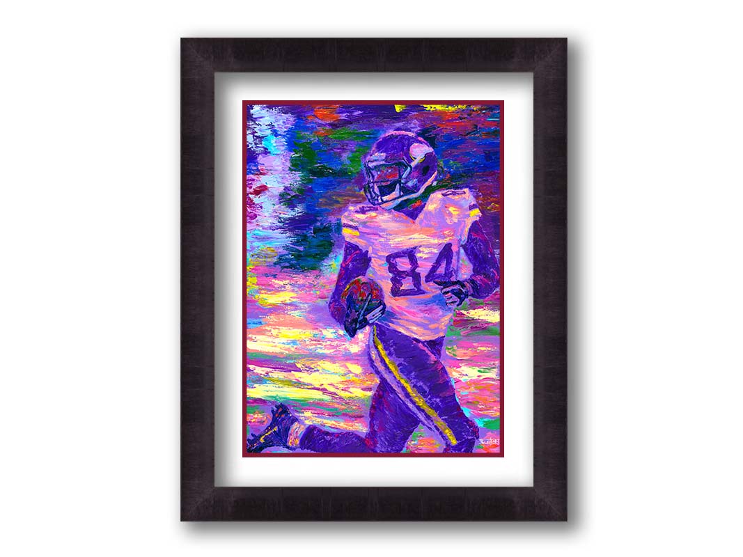 A painting of Minnesota Vikings football player Randy Moss, running down the field with the football. Printed on paper, matted, and  framed.