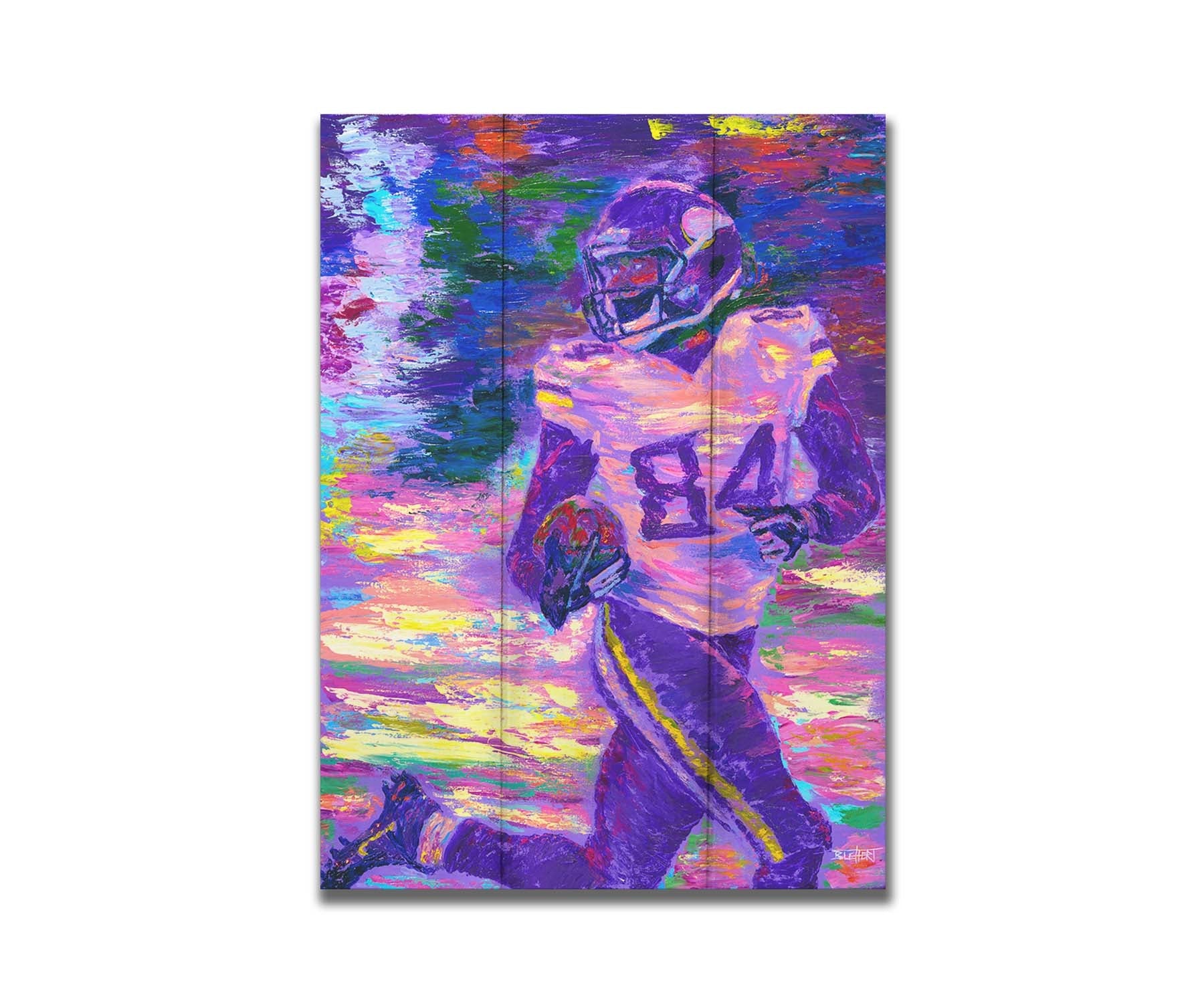 A painting of Minnesota Vikings football player Randy Moss, running down the field with the football. Printed on a box board.