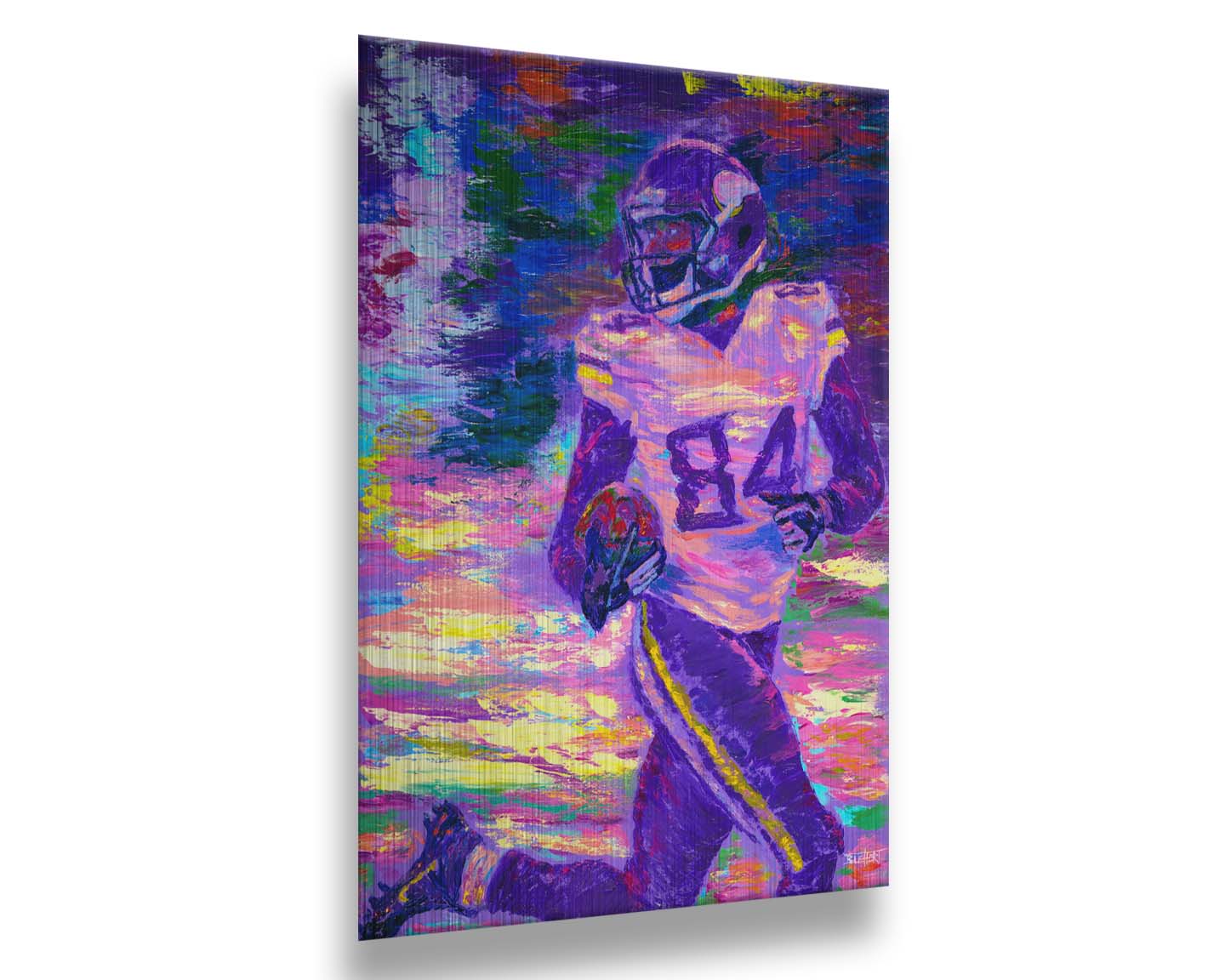 A painting of Minnesota Vikings football player Randy Moss, running down the field with the football. Printed on metal.