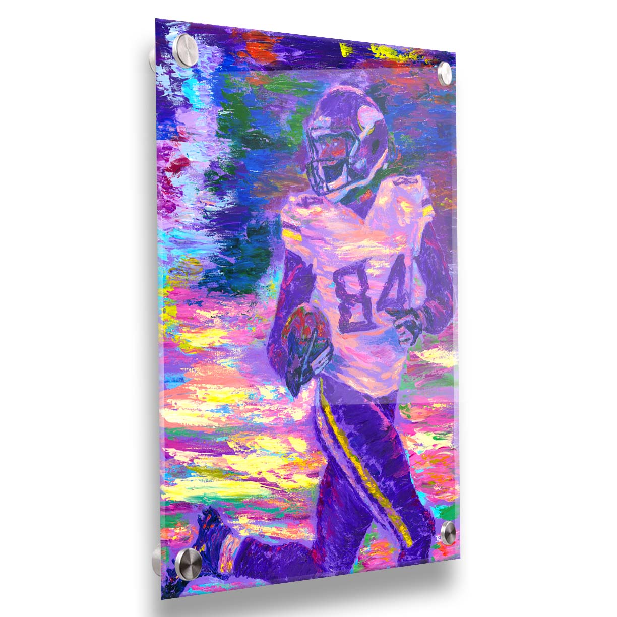 A painting of Minnesota Vikings football player Randy Moss, running down the field with the football. Printed on acrylic.