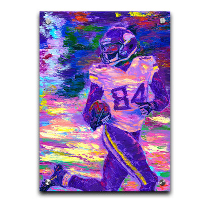 A painting of Minnesota Vikings football player Randy Moss, running down the field with the football. Printed on acrylic.