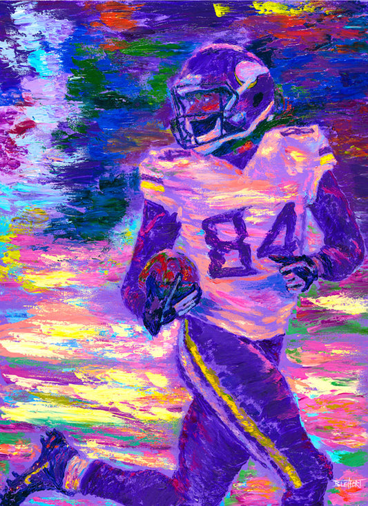 A painting of Minnesota Vikings football player Randy Moss, running down the field with the football.