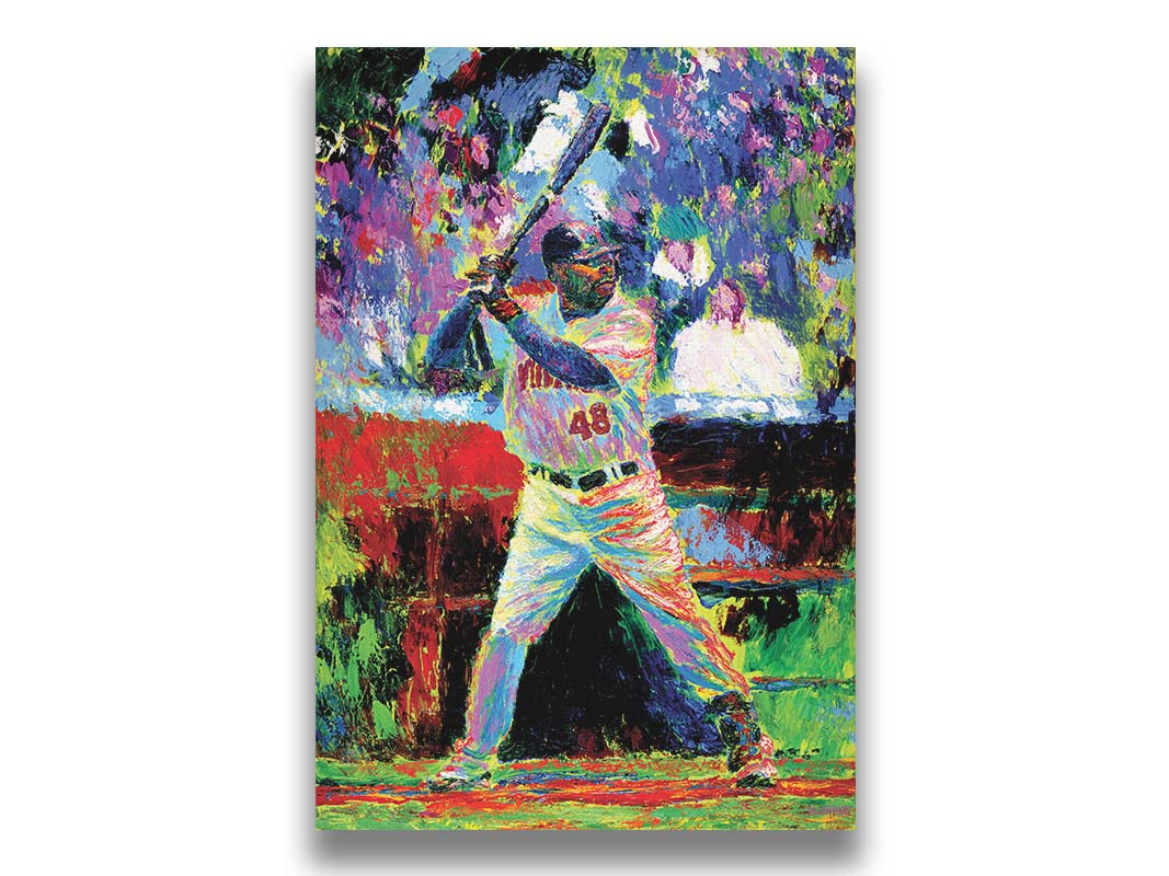 A painting of Minnesota Twins outfielder Torii Hunter up to bat. Made with vibrant, arbitrary color and unblended palette knife strokes. Printed on canvas.