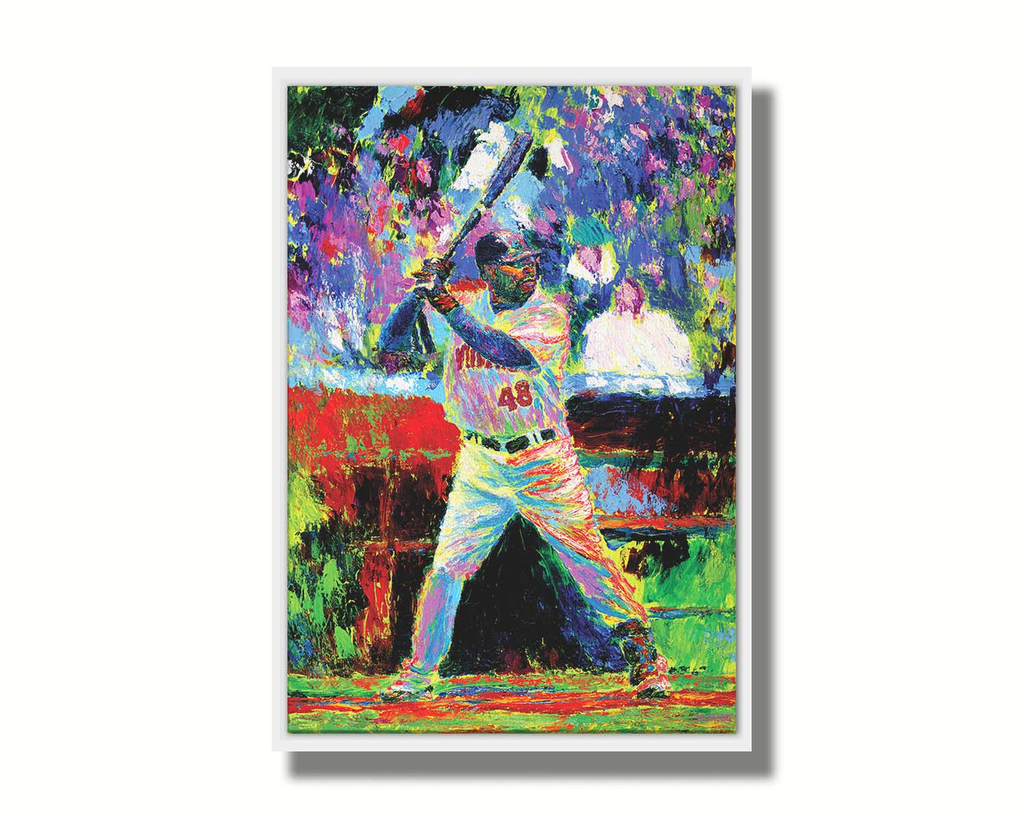 A painting of Minnesota Twins outfielder Torii Hunter up to bat. Made with vibrant, arbitrary color and unblended palette knife strokes. Printed on canvas in a float frame.