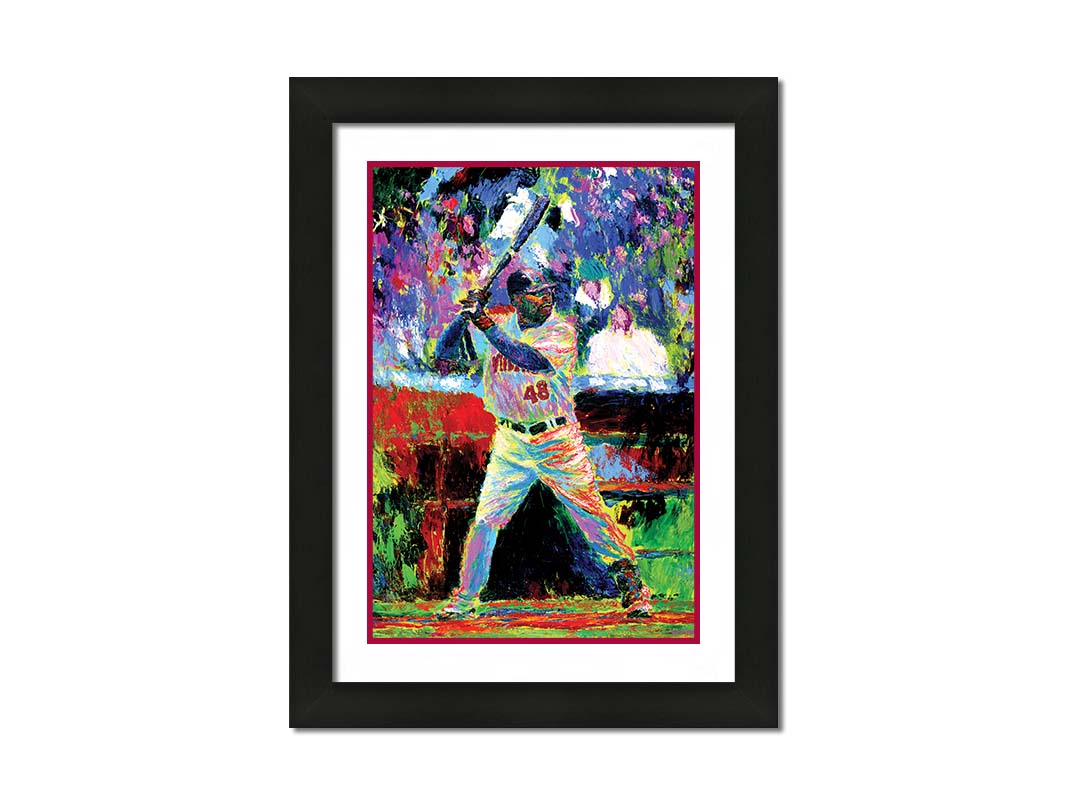 A painting of Minnesota Twins outfielder Torii Hunter up to bat. Made with vibrant, arbitrary color and unblended palette knife strokes. Printed on paper, matted, and framed.