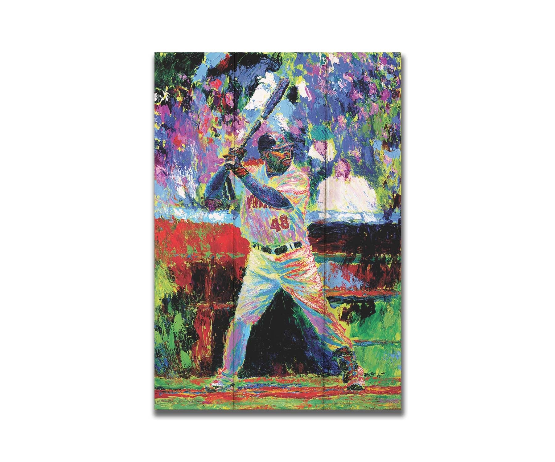 A painting of Minnesota Twins outfielder Torii Hunter up to bat. Made with vibrant, arbitrary color and unblended palette knife strokes. Printed on a box board.