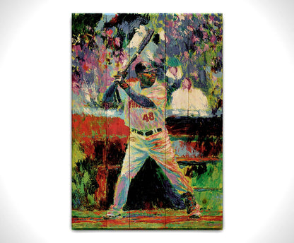 A painting of Minnesota Twins outfielder Torii Hunter up to bat. Made with vibrant, arbitrary color and unblended palette knife strokes. Printed on a wood pallet.