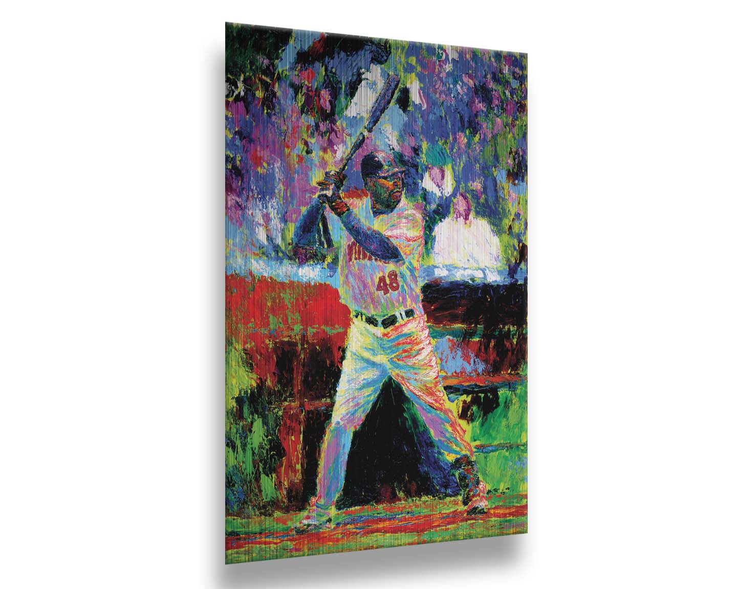 A painting of Minnesota Twins outfielder Torii Hunter up to bat. Made with vibrant, arbitrary color and unblended palette knife strokes. Printed on metal.