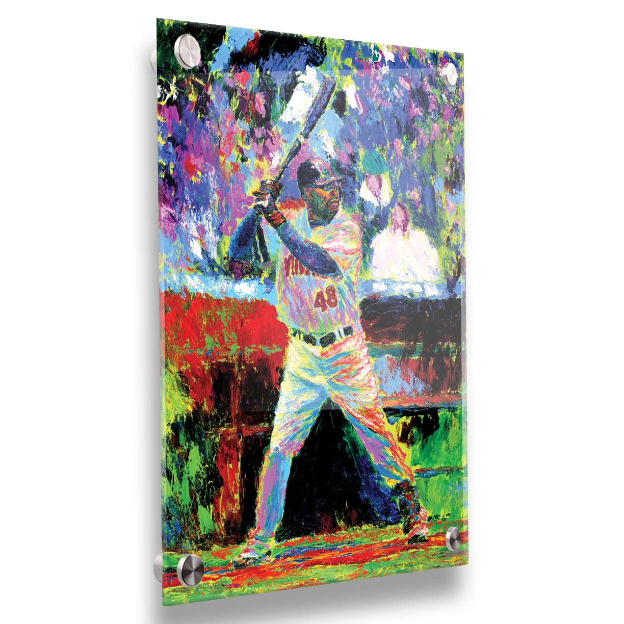 A painting of Minnesota Twins outfielder Torii Hunter up to bat. Made with vibrant, arbitrary color and unblended palette knife strokes. Printed on acrylic.