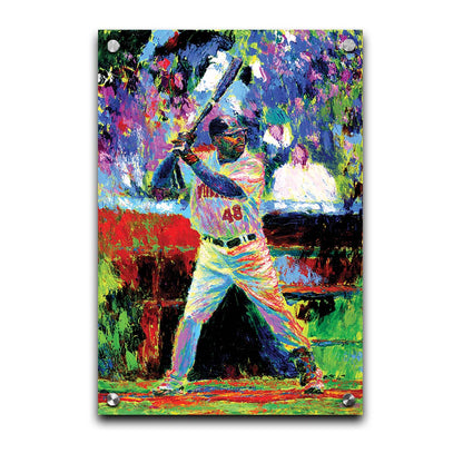 A painting of Minnesota Twins outfielder Torii Hunter up to bat. Made with vibrant, arbitrary color and unblended palette knife strokes. Printed on acrylic.