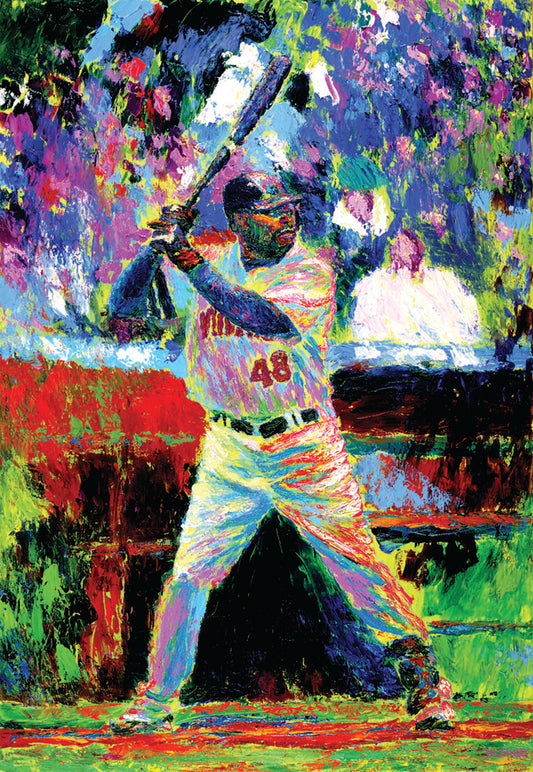 A painting of Minnesota Twins outfielder Torii Hunter up to bat. Made with vibrant, arbitrary color and unblended palette knife strokes.