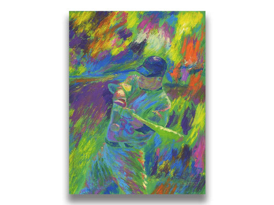 A painting of Minnesota Twins' Justin Morneau, the second before hitting a baseball. Vibrant, unblended, arbitrary colors and wide visible brushstrokes give movement and feeling to this painting. Printed on canvas.