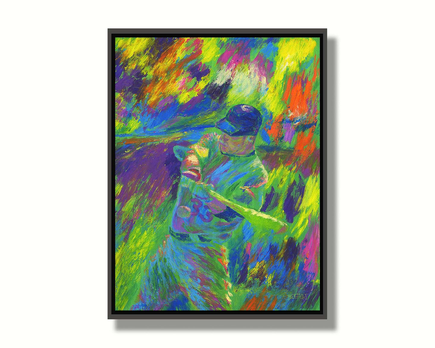 A painting of Minnesota Twins' Justin Morneau, the second before hitting a baseball. Vibrant, unblended, arbitrary colors and wide visible brushstrokes give movement and feeling to this painting. Printed on canvas in a float frame.