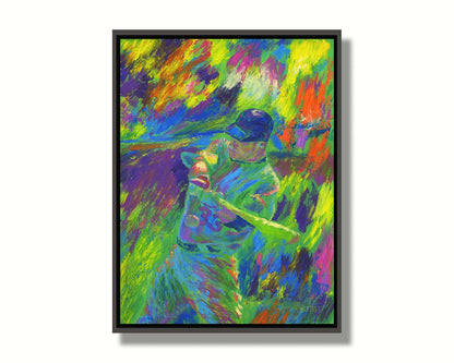 A painting of Minnesota Twins' Justin Morneau, the second before hitting a baseball. Vibrant, unblended, arbitrary colors and wide visible brushstrokes give movement and feeling to this painting. Printed on canvas in a float frame.