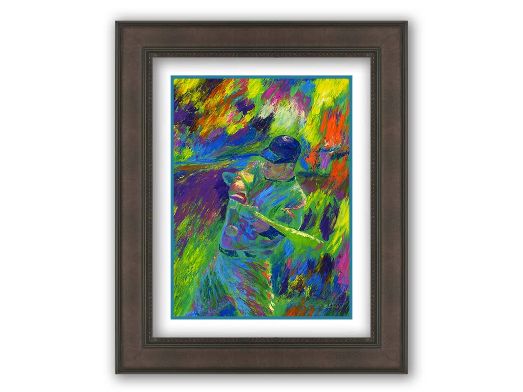 A painting of Minnesota Twins' Justin Morneau, the second before hitting a baseball. Vibrant, unblended, arbitrary colors and wide visible brushstrokes give movement and feeling to this painting. Printed on paper, matted, and framed.