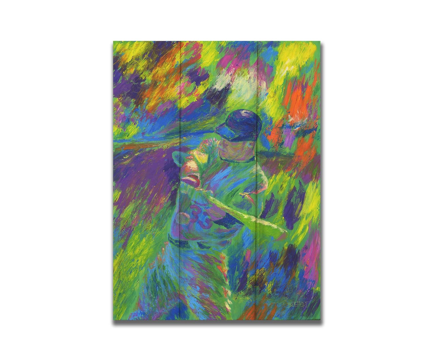 A painting of Minnesota Twins' Justin Morneau, the second before hitting a baseball. Vibrant, unblended, arbitrary colors and wide visible brushstrokes give movement and feeling to this painting. Printed on a box board.