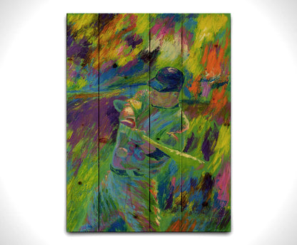 A painting of Minnesota Twins' Justin Morneau, the second before hitting a baseball. Vibrant, unblended, arbitrary colors and wide visible brushstrokes give movement and feeling to this painting. Printed on a wood pallet.