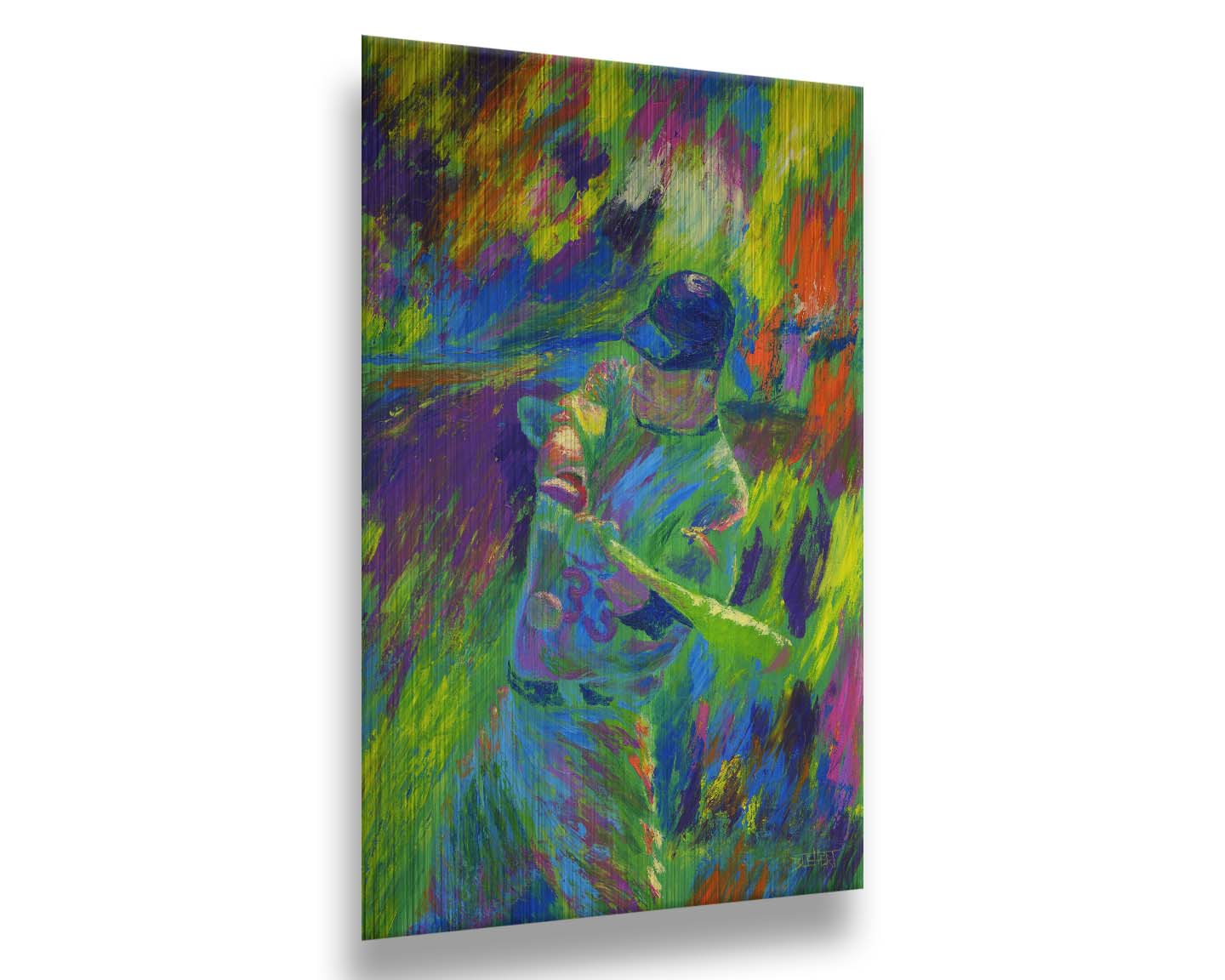 A painting of Minnesota Twins' Justin Morneau, the second before hitting a baseball. Vibrant, unblended, arbitrary colors and wide visible brushstrokes give movement and feeling to this painting. Printed on metal.