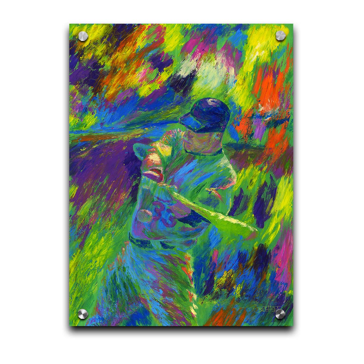 A painting of Minnesota Twins' Justin Morneau, the second before hitting a baseball. Vibrant, unblended, arbitrary colors and wide visible brushstrokes give movement and feeling to this painting. Printed on acrylic.