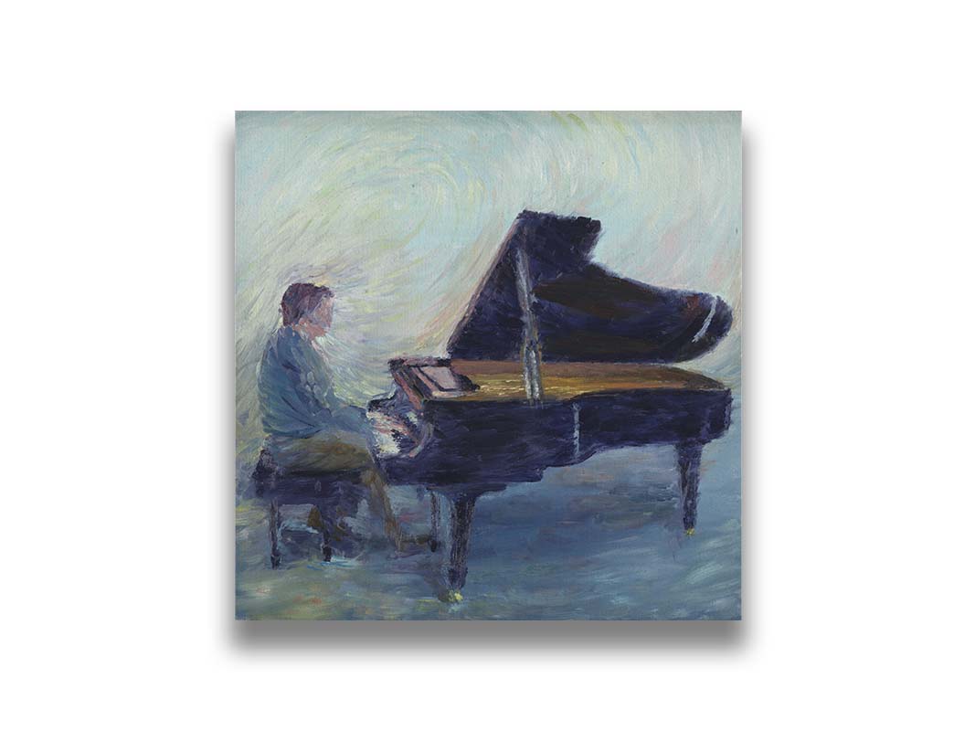 A painting of a person sitting and playing piano. Printed on canvas.